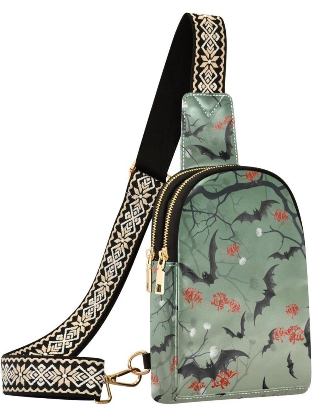 Women's Bat Flower Leather Chest Fanny Pack Trip Small Shoulder Crossbody Bag